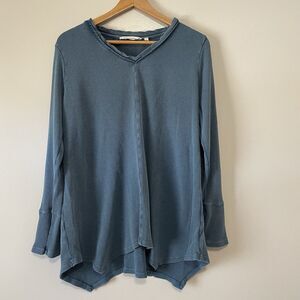 Soft Surroundings Waffle Knit Thermal Tunic Top L Blue Velvet Trim Asymmetrical